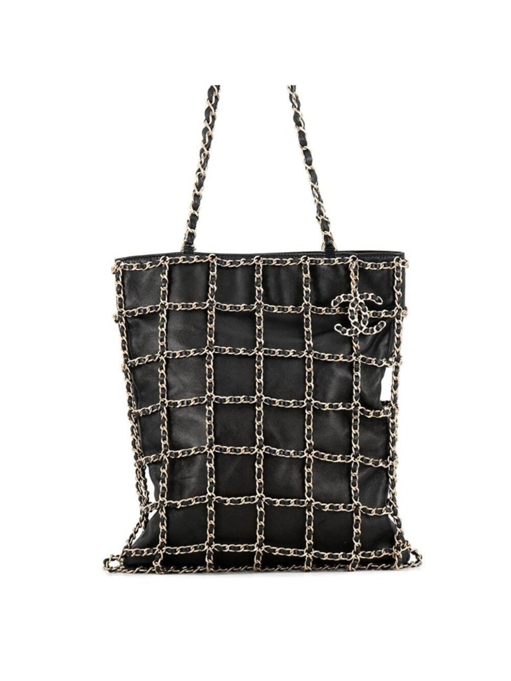Chanel Chain Tote CC Logo Lambskin Net Shoulder Bag Black
